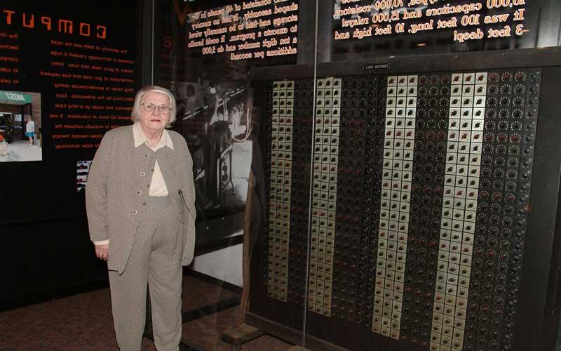 Jean at Army Museum | Jean standing in from of an ENIAC display at the U.S. Army Ordnance Museum at Aberdeen Proving Ground in Maryland.  (Courtesy of Robert Sheroke, United States Army Research Laboratory, Aberdeen Proving Ground.)